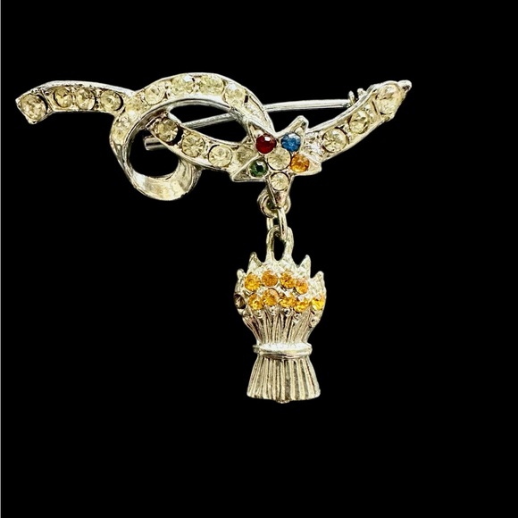 Vintage Silver Tone Rhinestone Brooch Pin - Wheat Sheaf/Bouquet Dangle - Picture 1 of 3